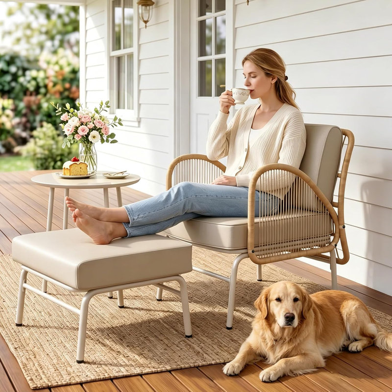 Rattan Patio Conversation Set, Outdoor Lounge Chair With Ottoman & Round Coffee Table