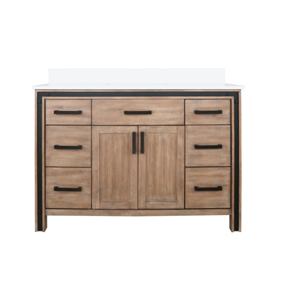 48 In. Wide Rustic Vanity For Bathroom With White Quartz Top, Solid Wood Construction, Soft - Closing Drawer System, One Cabinet And Six Drawers Storage, Stain Counter, Pre Drilled Hole Faucet Bath