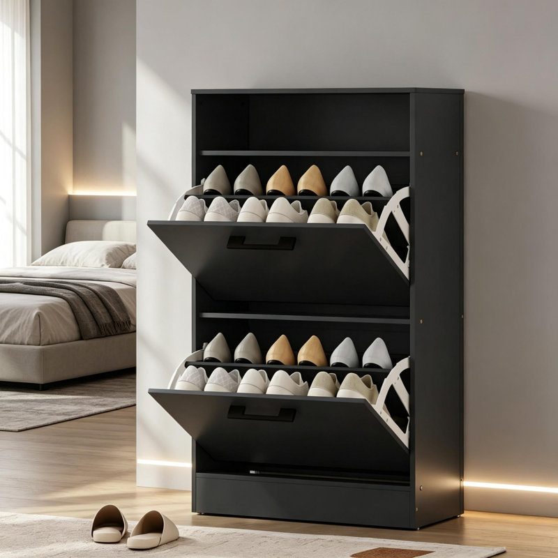 Armoire de rangement moderne et minimaliste pour chaussures avec 2 tiroirs rabattables, Black