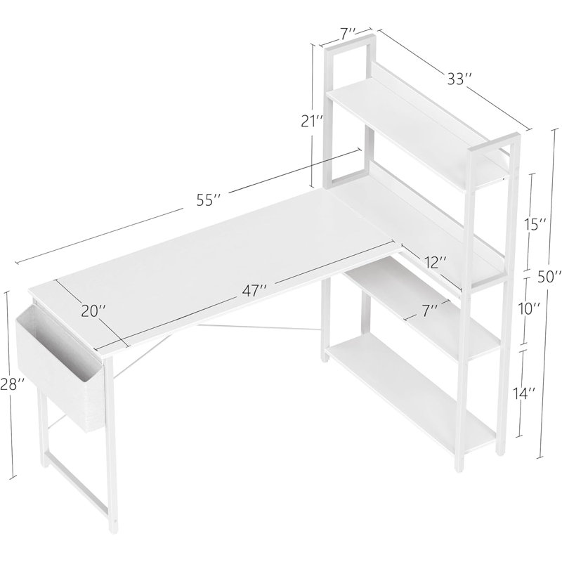 Bureau d'ordinateur en L avec bibliothèque et rangement, bureau d'angle peu encombrant pour le bureau à domicile, le bureau, l'écriture et les jeux, poste de travail robuste