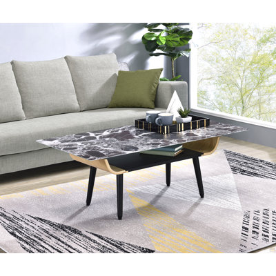 Table basse 47 po avec plateau en verre marbré et bois cintré