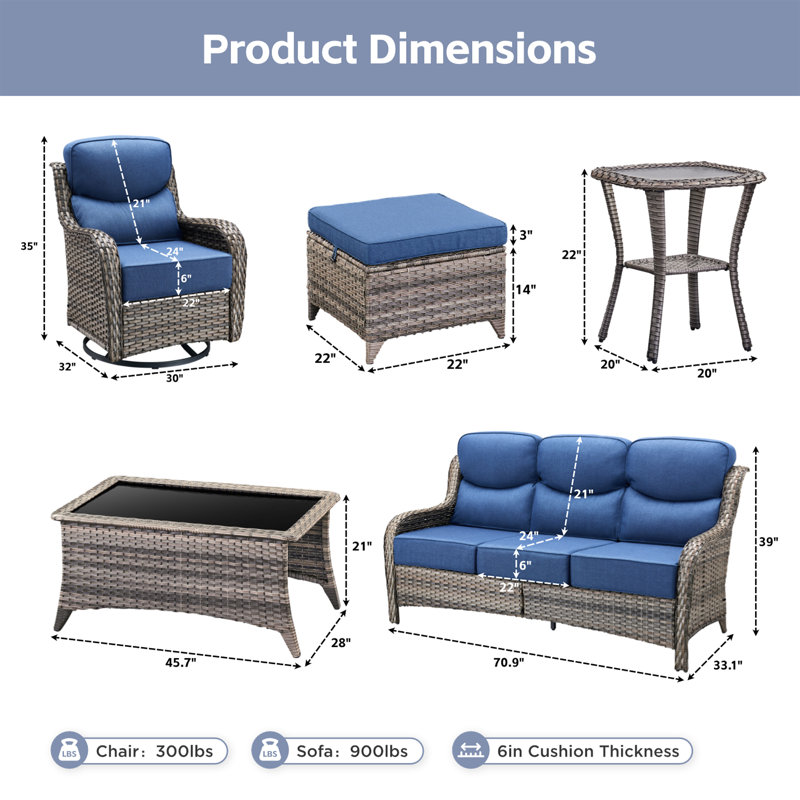 Ensemble de conversation d'extérieur en osier pour 5 à 7 personnes avec repose-pieds, Bleu, Gris