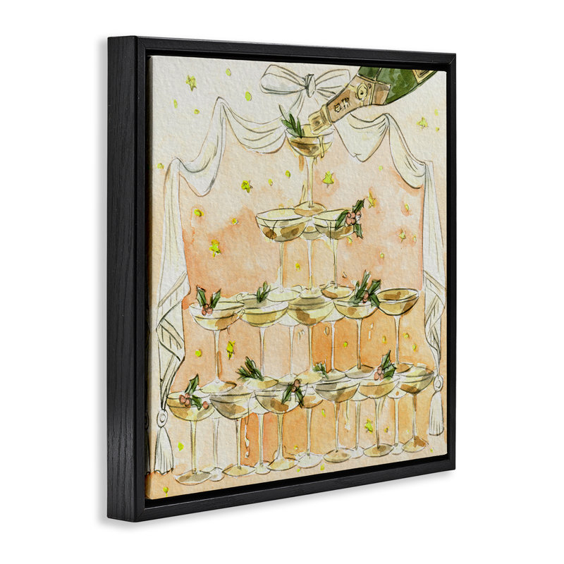 «Winter Champagne Cocktail Tower», art mural sur toile flottante, design par Melissa Wang, Cadre flottant noir de jais