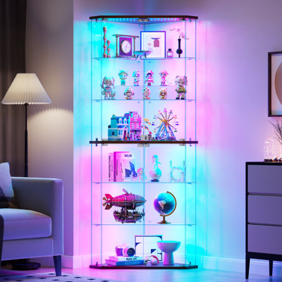 6-Tier Corner Display Cabinet with Glass Doors, RGB Lights, Solid Wood Panels & Lockable Storage