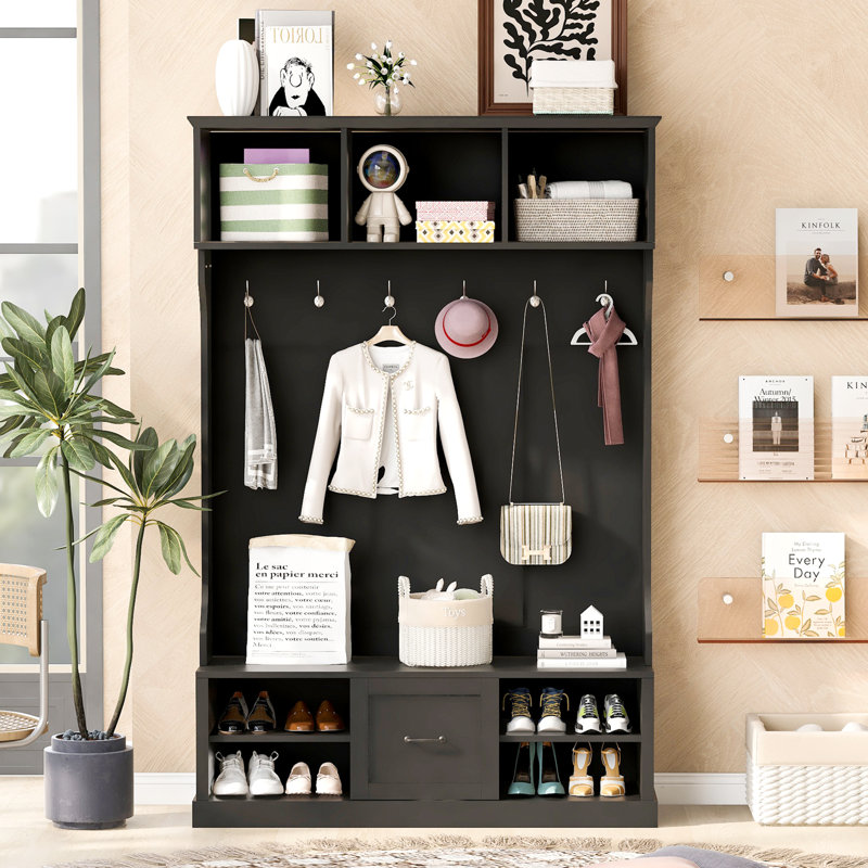 Hall Tree With 6 Hooks, Coat Hanger, Entryway Bench, 3-In-1 Design, A Spacious Drawer, Black