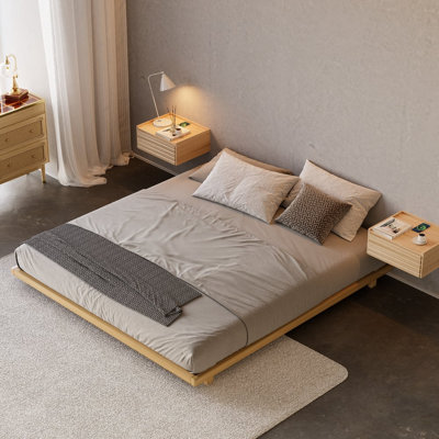 Japanese Style Queen Floor Bed Frame Carbon Steel Slats For Bedroom Natural Wood Finish