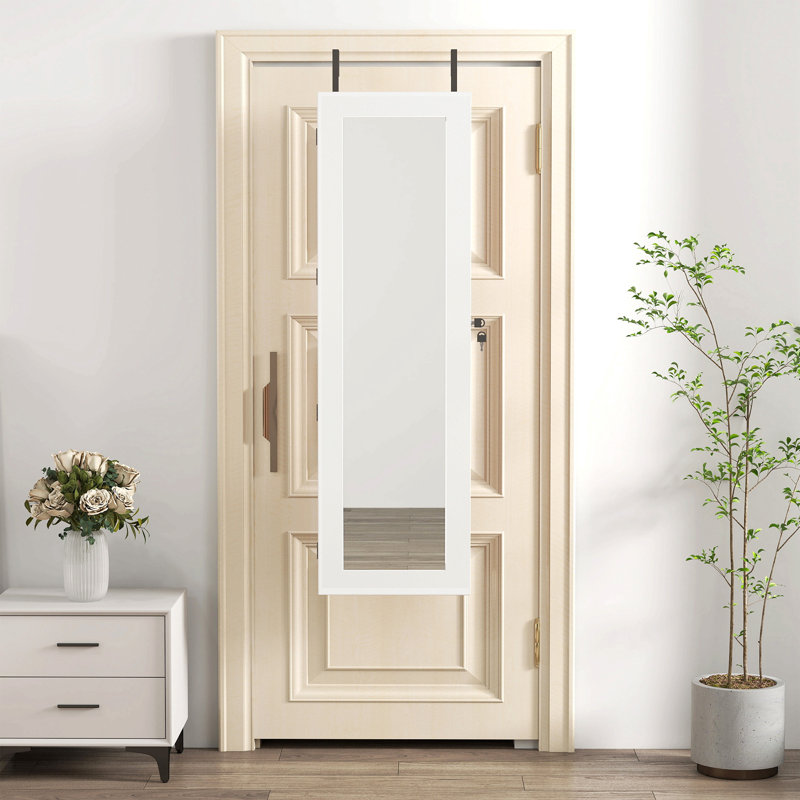 Armoire de rangement pour armoire à bijoux en bois massif avec miroir pleine grandeur, verrouillable au mur 47,5 x 14,3 po avec lumière DEL