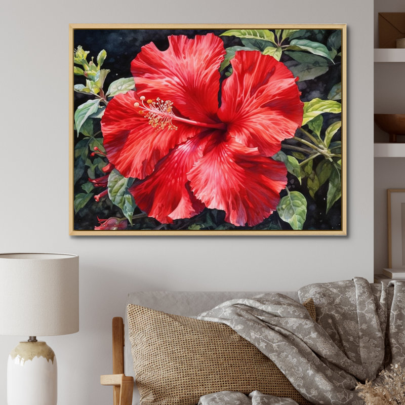 «Red Tropical Hibiscus Harmony I», reproduction sur toile, H 12 po x l 20 po x P 1,5 po, Cadre naturel flottant