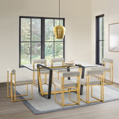 Ensemble de table de salle à manger rectangulaire en verre de 72 pièces avec cadre en métal et chaises rembourrées Mirriah