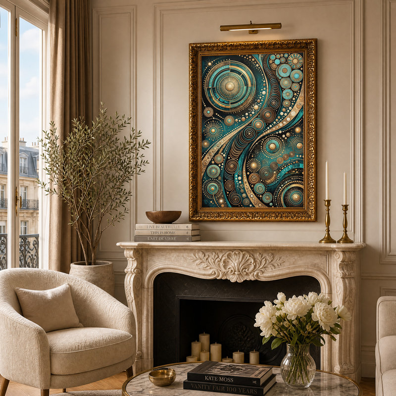 Tableau sur toile à motif géométrique en spirale or et turquoise, H 24 po x l 16 po
