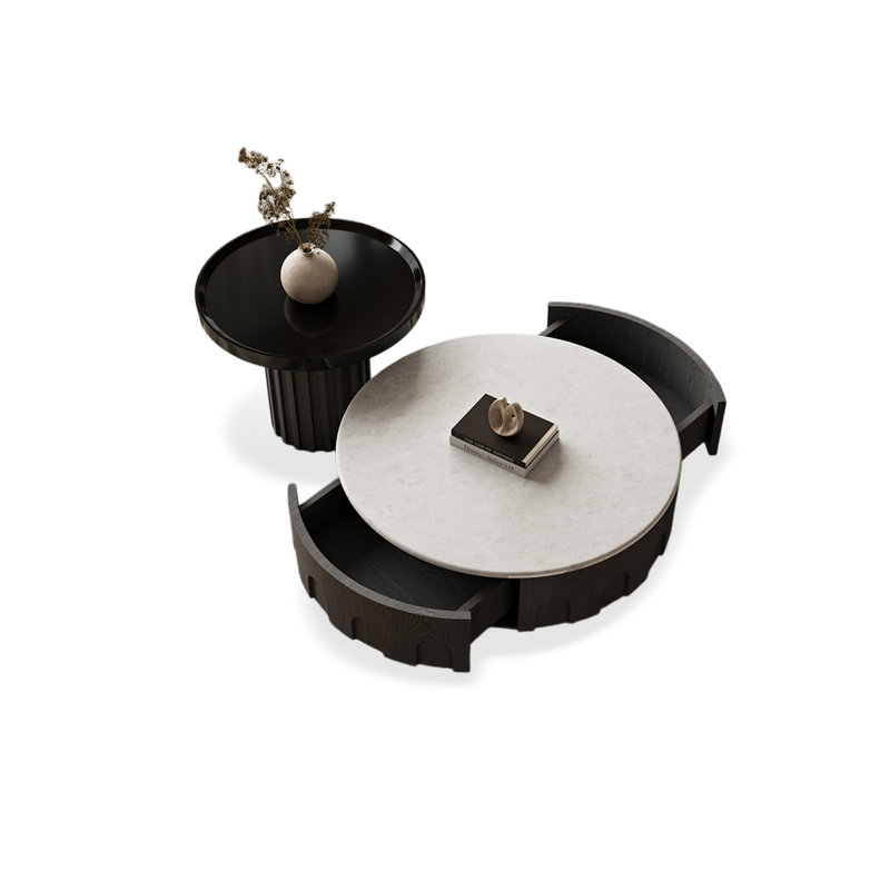 Black Sintered Stone + Solid Wood Round Coffee Table Sets