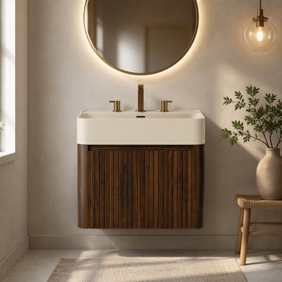 Meuble-lavabo de salle de bain, meuble de rangement flottant, lavabo intégré à surface solide blanc brillant avec trous de robinet pré-percés, démonté, robinet et drain exclus