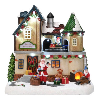  Christmas Decorations Indoor Christmas Village Lighted Santa's Workshop, Xmas Figurine Collectible Building Resin House Dynamic Scenes Gift for Holiday, 10 Inch Table Top Decorations