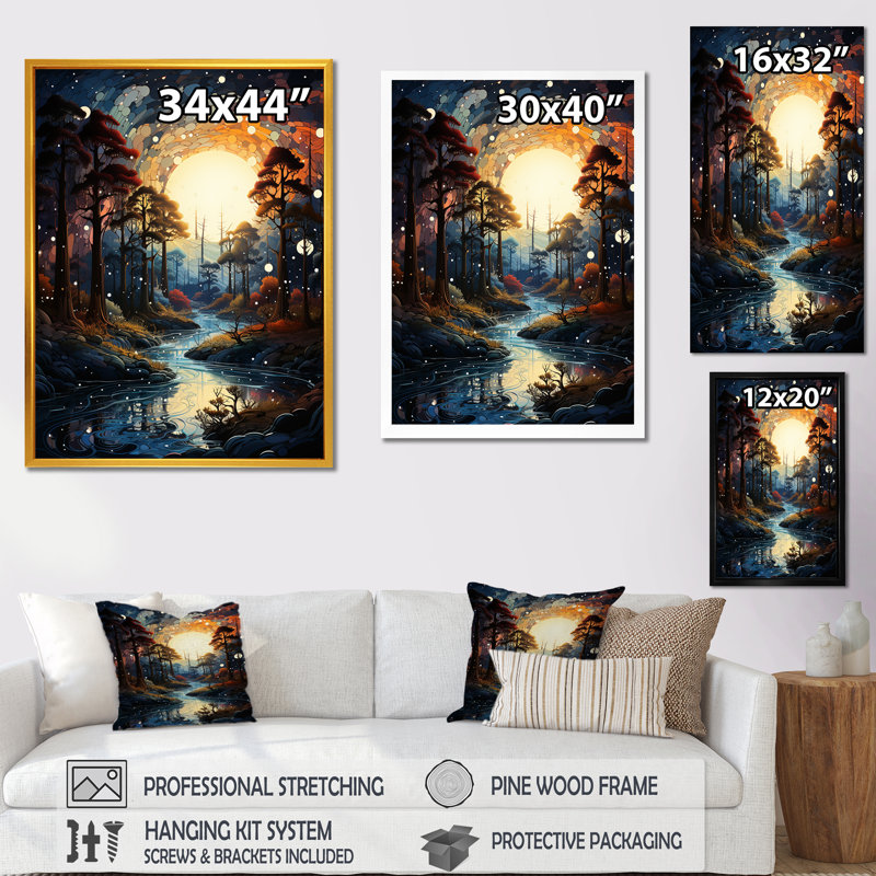 «Moonlight River Retreat Into The Forest I», art mural forêt et rivière, H 32 po x l 16 po x P 1 po, Cadre flottant doré