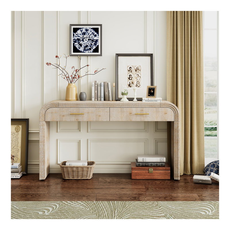 Console à silhouette rétro unique avec style ouvert, deux tiroirs supérieurs pour l'entrée, la salle à manger et le salon (bois naturel délavé)