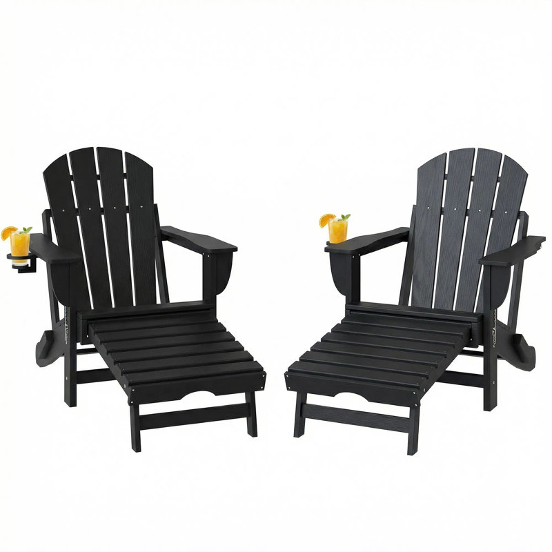 Folding Adirondack Chair Set Of 2, Hdpe Fire Pit Chair With Retractable Ottoman And Cup Holder, All-weather Outdoor Lounge Chairs For Patio, Garden, Poolside