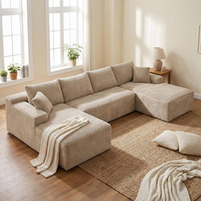 132.1" Compressible U-Shaped Sectional Sofa Set,Minimalist Style Modular Sectional Sofa, Corduroy Fabric Cloud Couch for Living Room