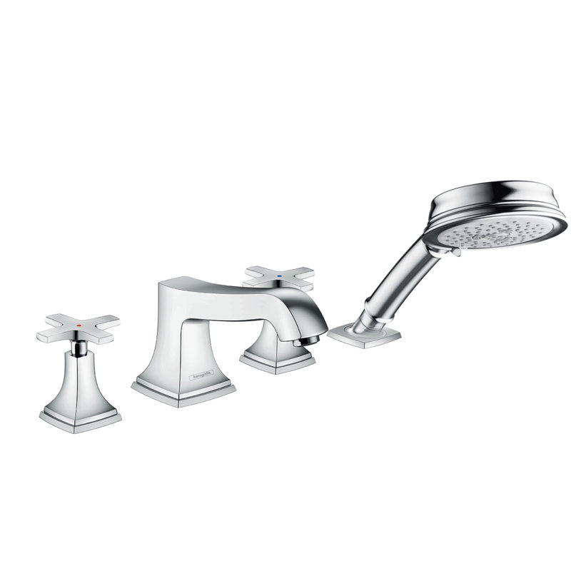 Hansgrohe Metropol Classic 4-Hole Roman Tub Set Trim with 1.8 GPM Handshower Trim Set Only, Cross Handle, Chrome