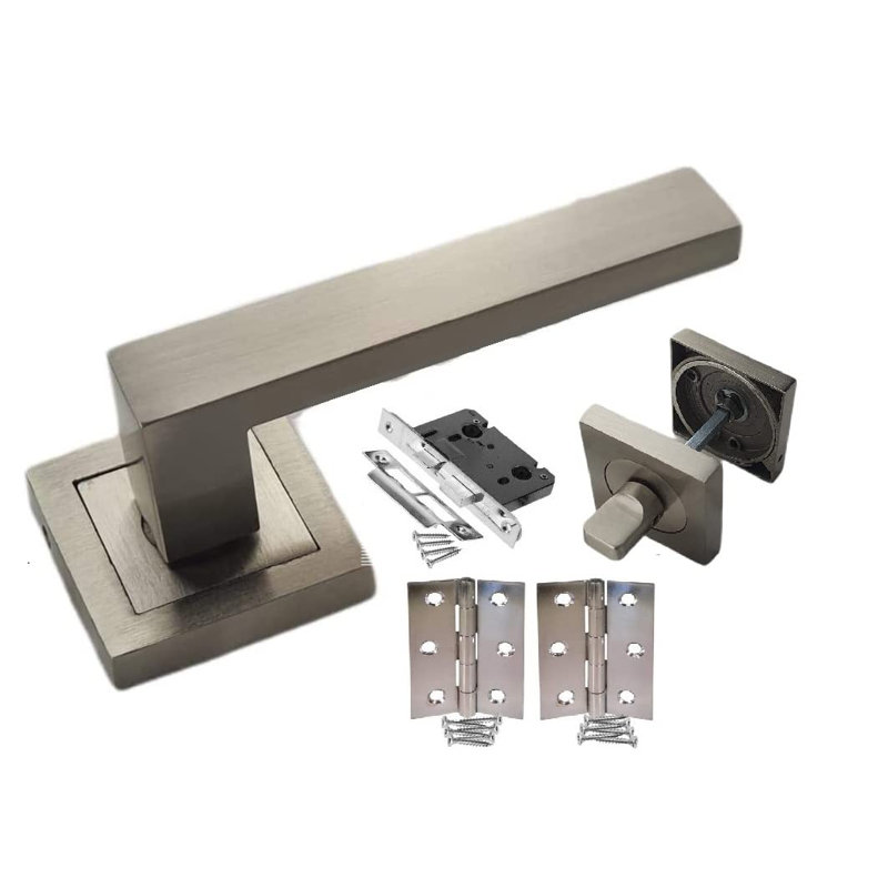 1 Pair Delta Door Handles on Square Rose in Satin Stainless Steel Finish with Tubular Latches & Hinges, Lock