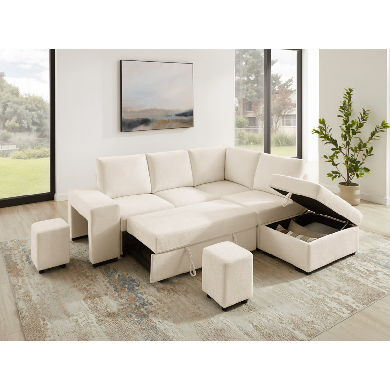 94.88’’ Upholstered Sectional Pull-Out Sofa With Storage Ottoman, Beige Polyester