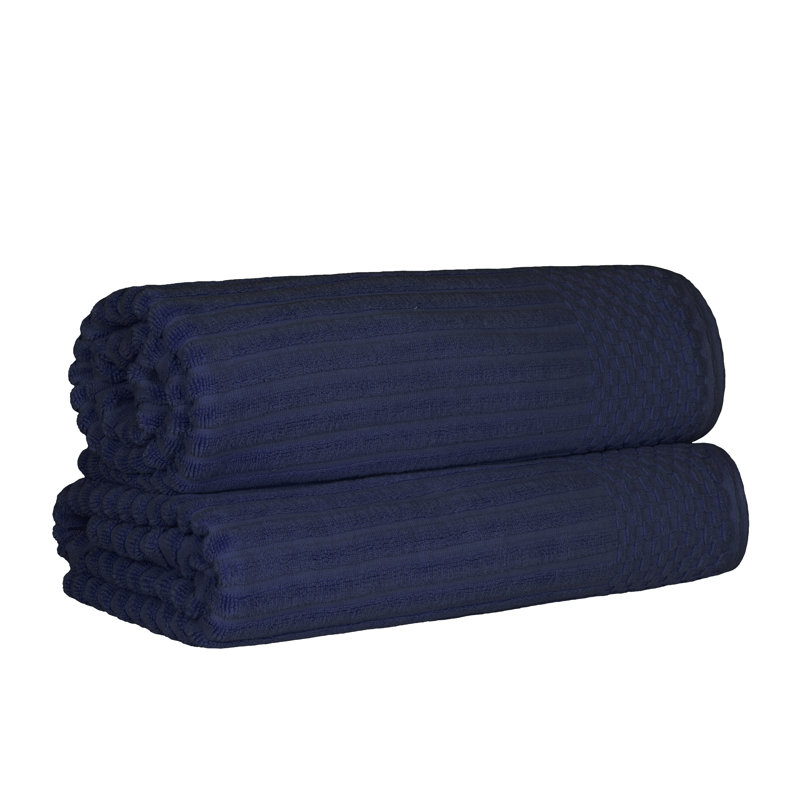 Ruvins Cotton Highly Absorbent Solid and Checkered Border Bath Sheet Set, Navy Blue