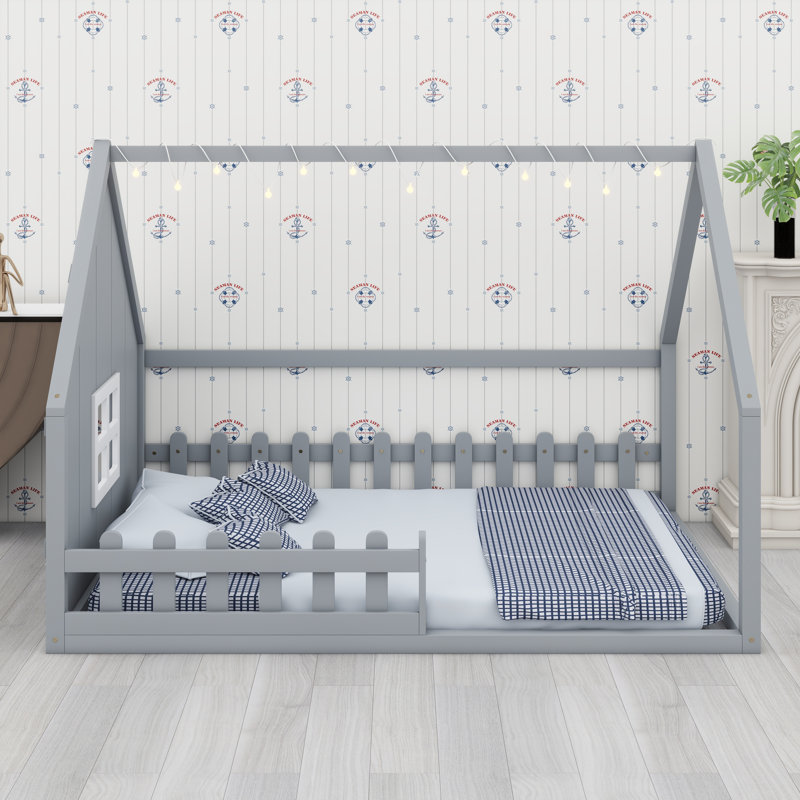 Lit en bois avec fenêtre et clôture, Gris