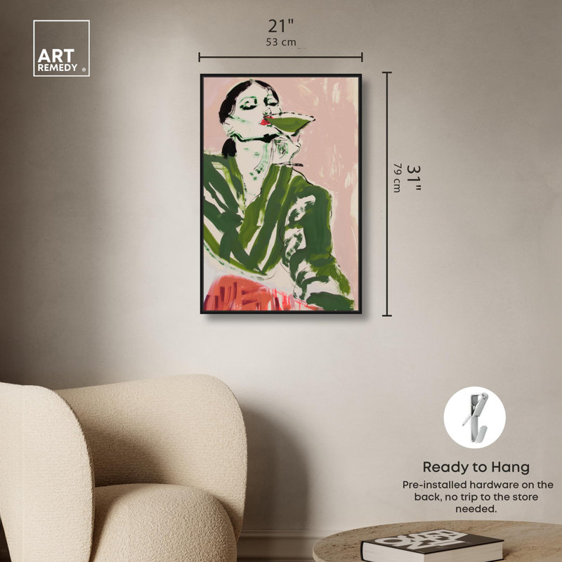 «Green Martini Girl», art mural coloré Boho par Art Remedy, Cadre noir, H 46 po x l 31 po