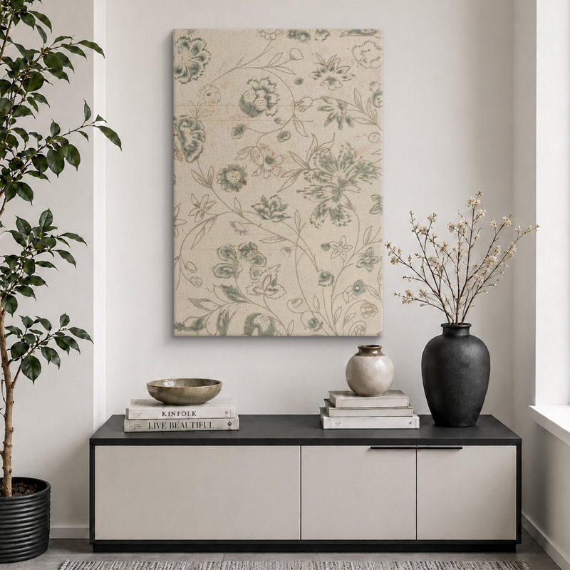 Abstrait botanique rétro fleur verte, illustration rustique moderne salon photos, impression numérique sur toile giclée encadrée