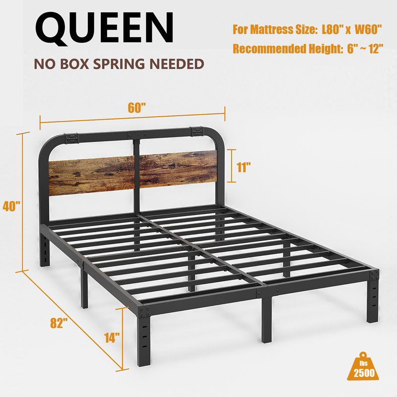 Queen Size Black Metal Platform Bed with 40-Inch Solid Wood Headboard, Underbed Storage, Noise-Free Support, No Box Spring Needed