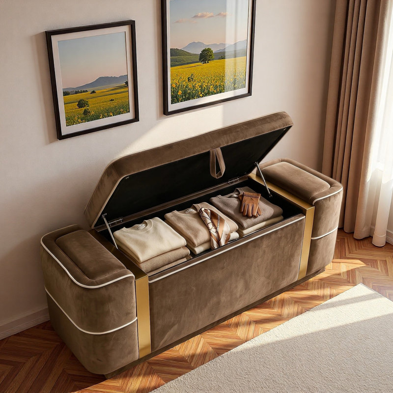 Banc ottoman moderne rembourré avec compartiment de rangement dissimulé, couvercle rabattable et bandes décoratives en métal doré