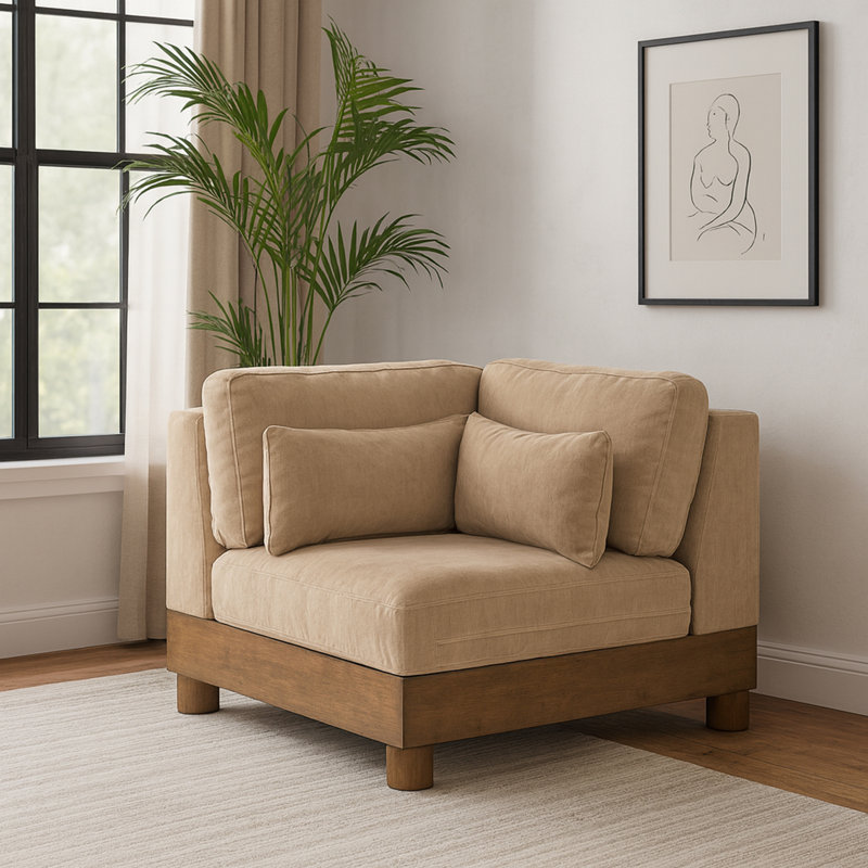 Fauteuil d'angle rembourré Turin, Brun, Tissu chenille beige