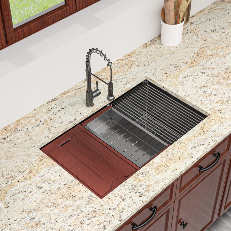 30" L x 18" W Undermount Kitchen Sink Workstation Single Bowl Sink 16 Gauge Stainless Steel Sink in Gunmetal Black