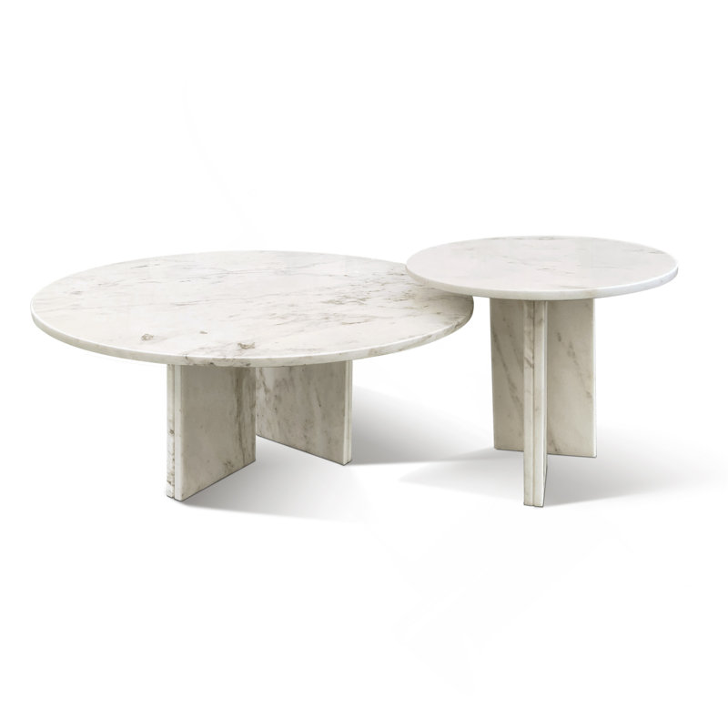 Ensemble de tables basses en marbre pour le salon, Blanc/naturel