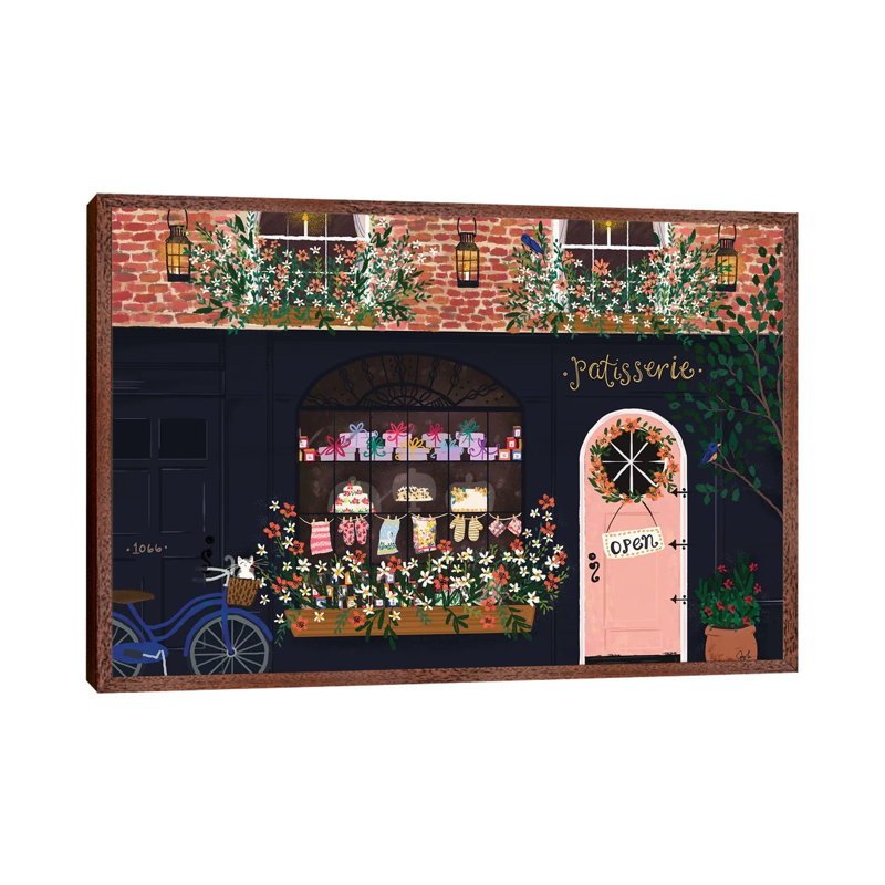 Patisserie Shopfront by Joy Laforme - Painting on Canvas, 101.6cm H x 152.4cm W x 3.81cm D, Brown Framed