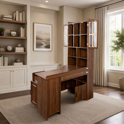 L-Shaped Corner Computer Desk, with Drawers, Bookshelf & Hutch, Large Workspace