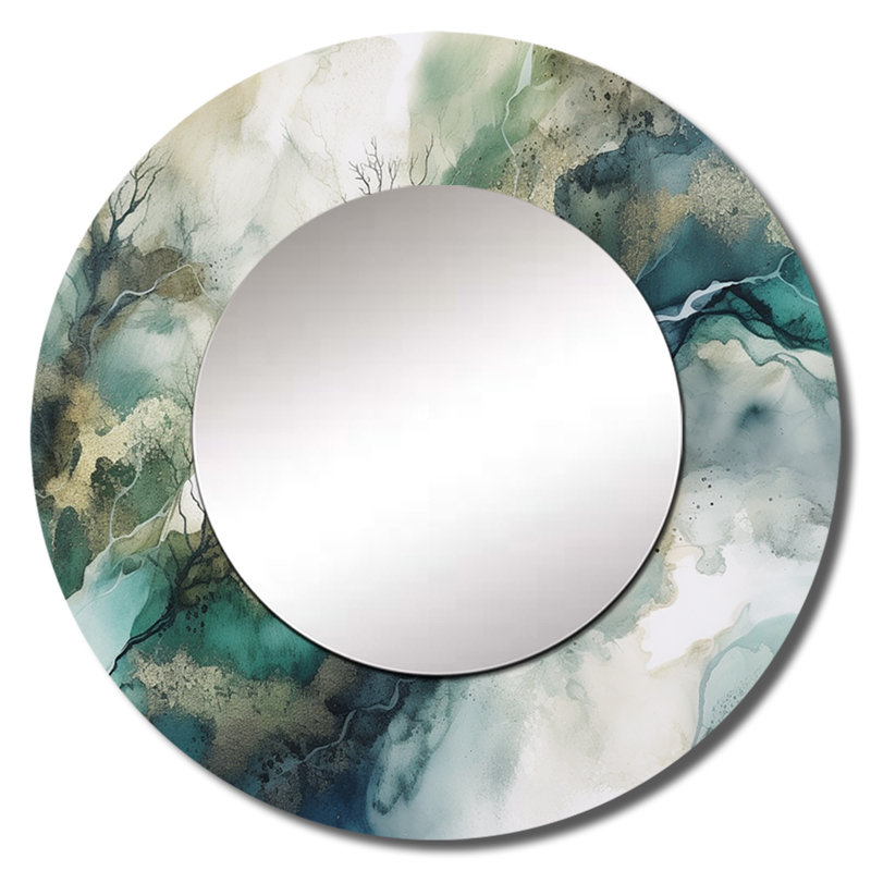 Plafker vert bleu marbré Dreamscape I - miroir décoratif géométrique, grand miroir mural rond vert, impression d'art en métal