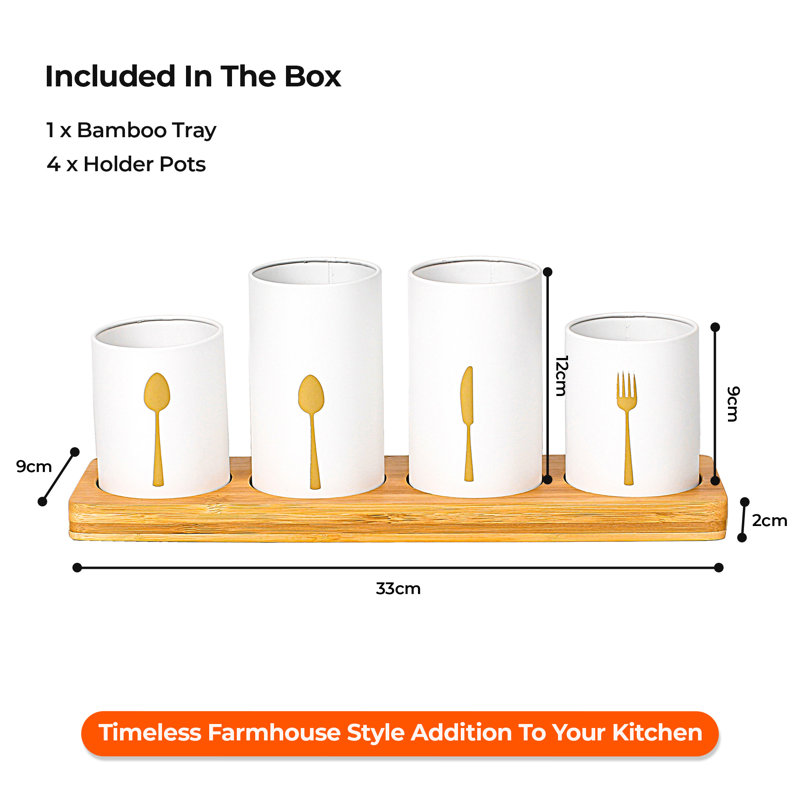 Metal Round Utensil Storage Set, White