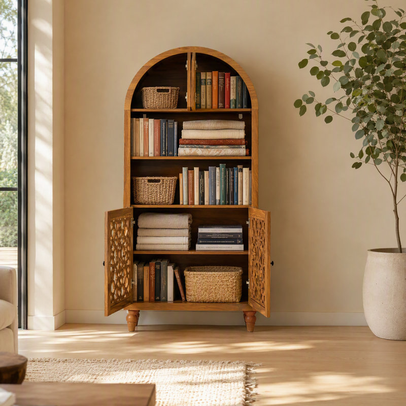 Bibliothèque arquée 67 "en bois sculpté avec tablette ouverte et portes, armoire de rangement rétro, 67