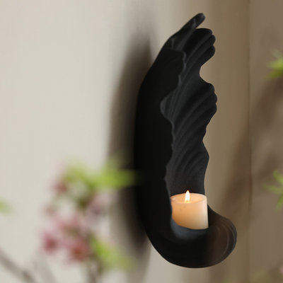 Ceramic Seashell Wall Sconce Candle Holder, Textured Shell‑Shaped Wall Décor, Smooth Blush  & Matte Rough Black Finish for Entryway Living Room