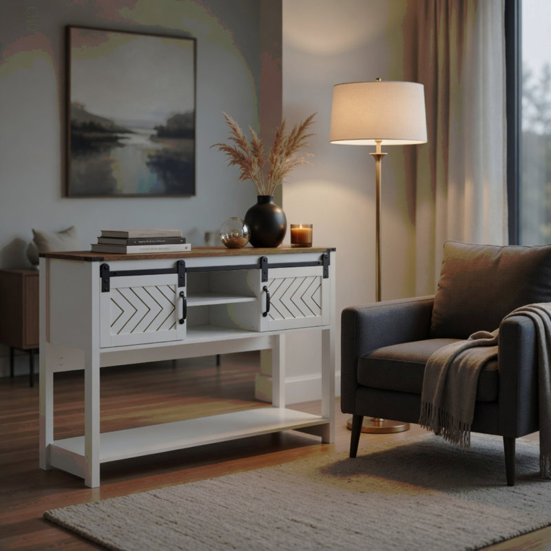 Table d'entrée de style campagne moderne avec rangement et porte de grange coulissante