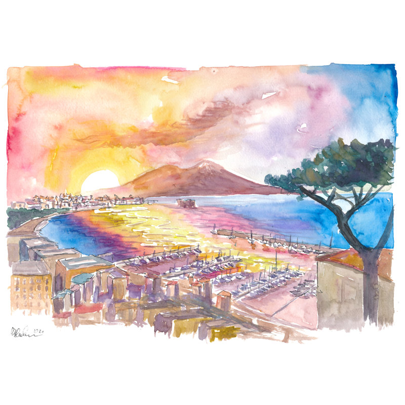 Spectacular Sunrays Over Napoli Italy With Vesuvius And Mediterranean Sea Print by Martina Bleichner, Black Framed Paper