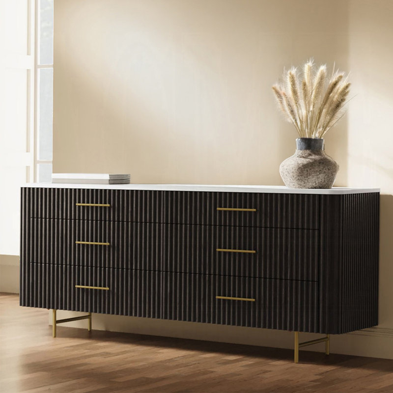Commode 6 tiroirs en bois avec plateau en faux marbre au fini espresso
