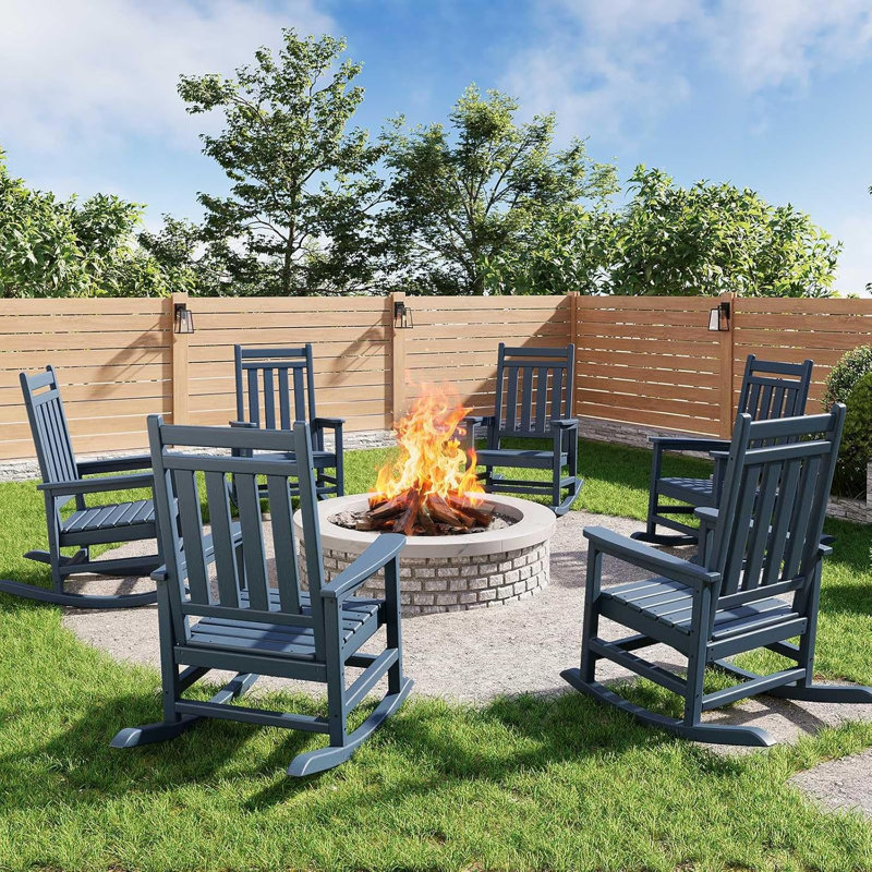 Set of 6 HDPE Rocking Chairs, High-Back Poly Adirondack Rockers, All-Weather Resistant Porch Furniture for Patio, Garden, Deck,Navy