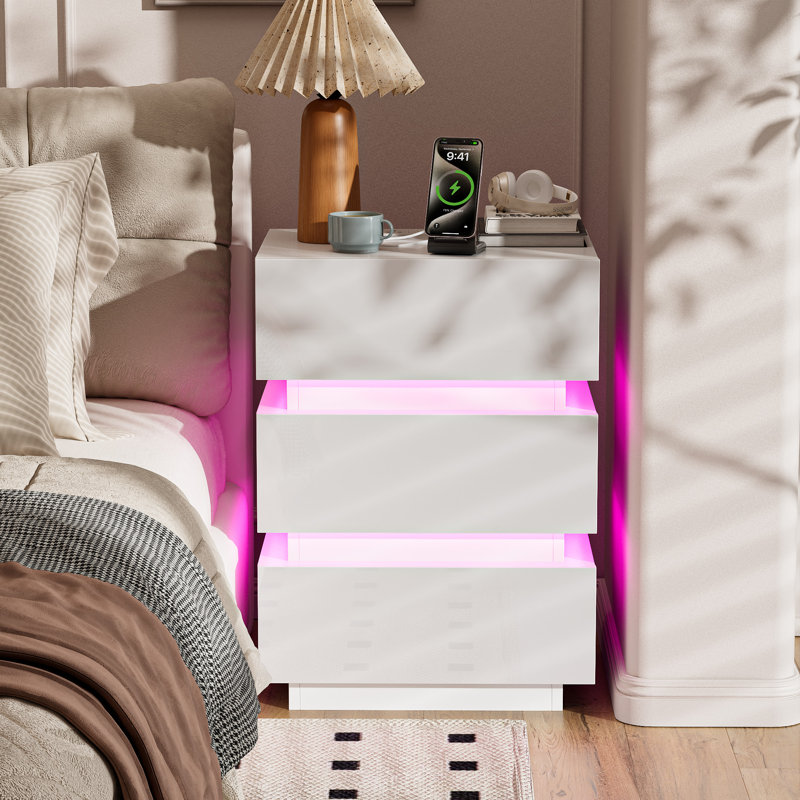 3 Drawers Bedside Table, Bedside Cabinet with LED Light & UK Charging Station 2AC/2USB, Wooden Storage Side Cabinet for Bedroom Living Room Corner, UK Plug