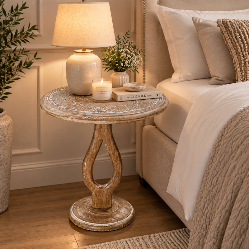 Table d'appoint en bois massif, fini blanchi