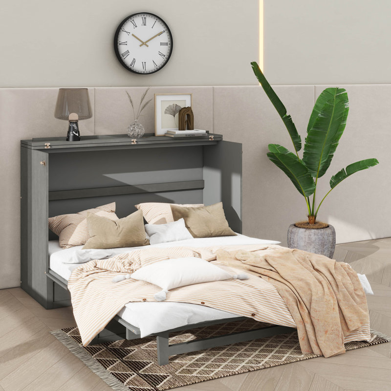 Lit escamotable avec tiroirs spacieux et ports USB pratiques, gris, Grand