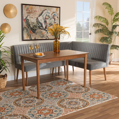 Frederickson Alvis Mid-Century Modern Emerald Green Velvet Upholstered And Walnut Brown Finished Wood 3-Piece Dining Nook Set by Everly Quinn