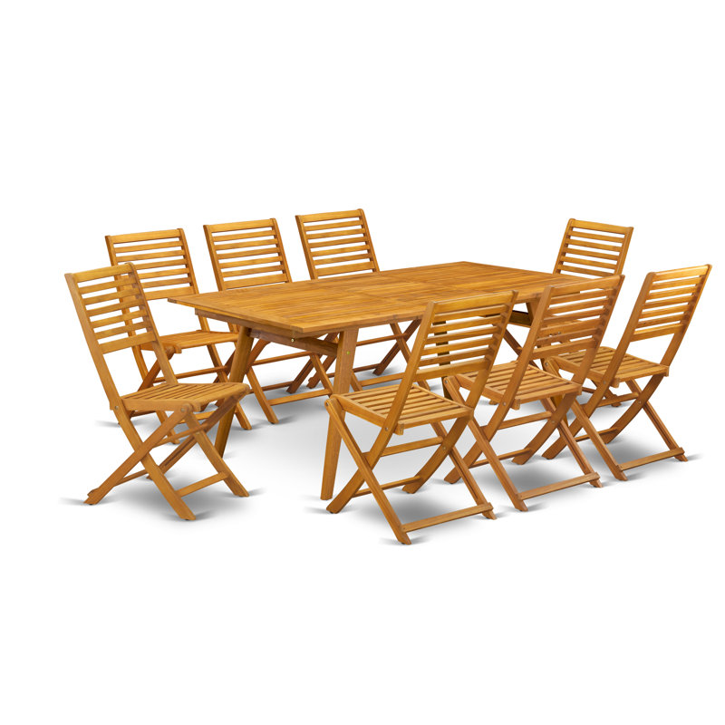 Les ensembles de salle à manger de patio 9 pièces pour l'extérieur comprennent une table rectangulaire en bois d'acacia et 8 chaises d'appoint pliantes, 40 x 72 pouces, huile naturelle