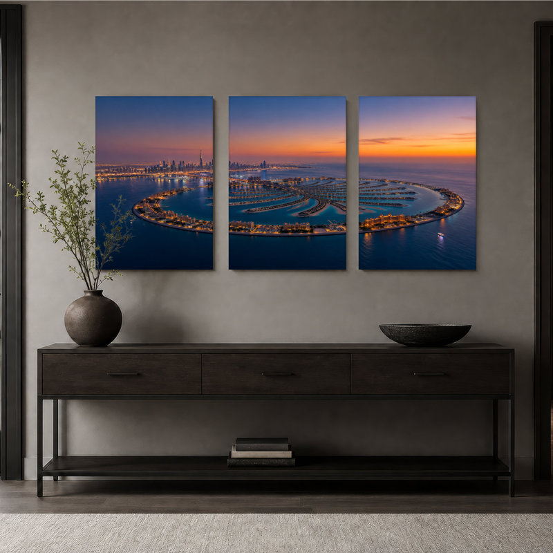 Palmier, île de Jumeirah et ensemble d'horizons sur toile au coucher du soleil à Dubaï