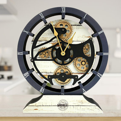 Desk wooden Clock Round 10 inches with Real Moving Gears (Transformable into a Wall Clock - detachable base) Canada Collection